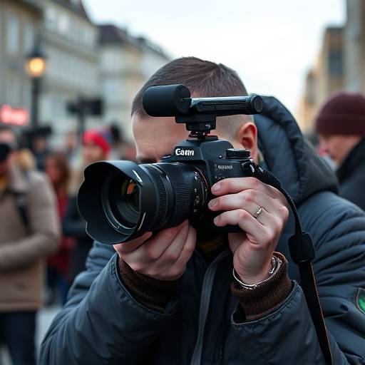 Bilde av en fotograf med et profesjonelt kamera som tar bilder under en demonstrasjon i Oslo.