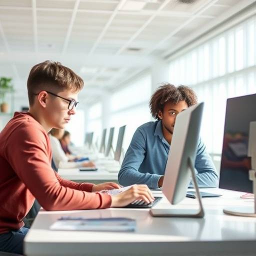 Bilde av en gruppe studenter som jobber sammen på datamaskiner i et moderne klasserom.